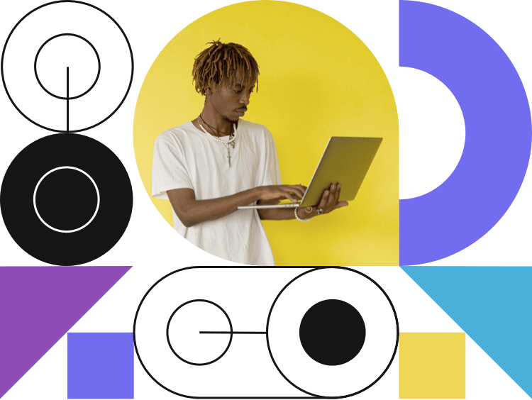 Man with laptop in hand surrounded by colorful graphic